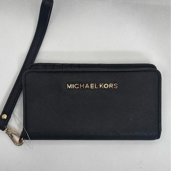 Michael Kors Jet Set Travel Black Saffiano Leather Wristlet Wallet - Picture 1 of 9